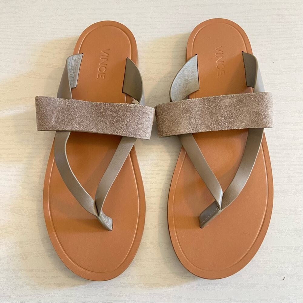 Vince Tess Flat Thong Slide Strappy Sandal Flip Flops Taupe Grey size 7